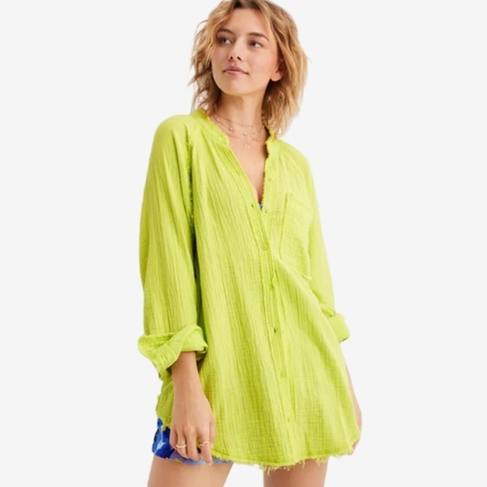 Aerie Gauzy Coverup Shirt Size XS Lime Slush Neon Cotton Beachy Resort Vacation - Picture 4 of 7